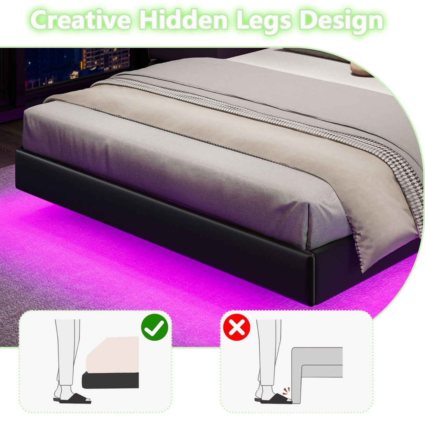 Immerstable King Floating Bed Frame with RGB LED Lights and Upholstered Headboard - WoodArtSupply