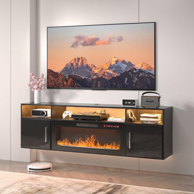 VENDORZ Floating Fireplace TV Stand, 70" Floating TV Stand Wall Mounted with 36" Fireplace, Black Floating Entertainment Center Fire Place TV Stands for Living Room Media Console, Up to 80" TVs