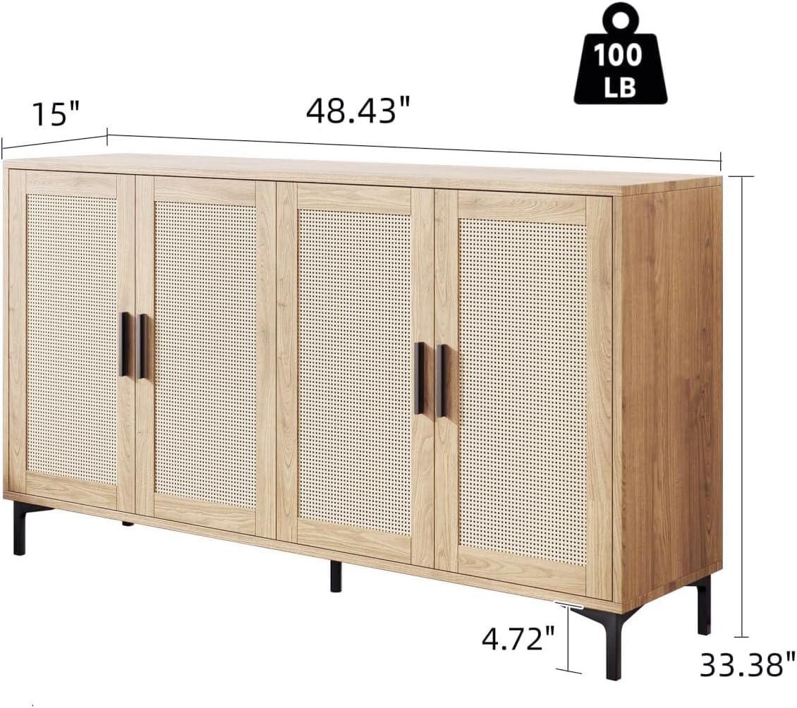 Sideboard - Kitchen Buffet Cabinet with Rattan Decorated Doors, 4 Doors Accent Sideboard Cabinet, Coffee Bar Cabinet Rattan Sideboard for Dining Room, Kitchen, Hallway, Cupboard Console Table,Natural JASIWAY