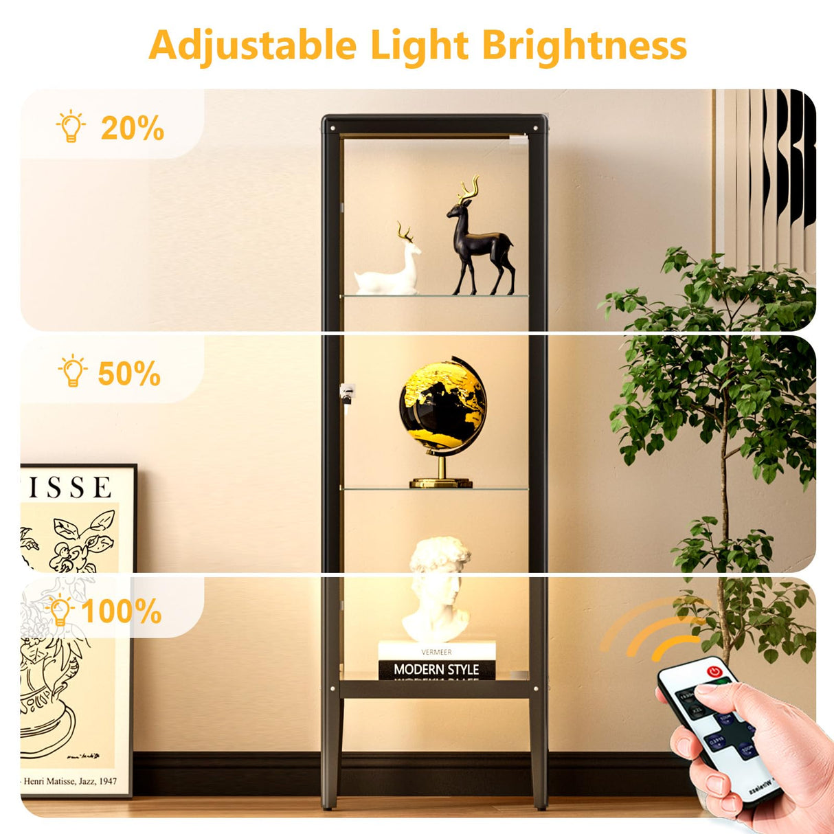 Ryoko Display Cabinet with Glass Door, Adjustable 3-Shelf Shelves, Curio Cabinet with LED Light, Glass Display Cabinet with Lock,Storage Cabinets, Dark Grey Ryoko