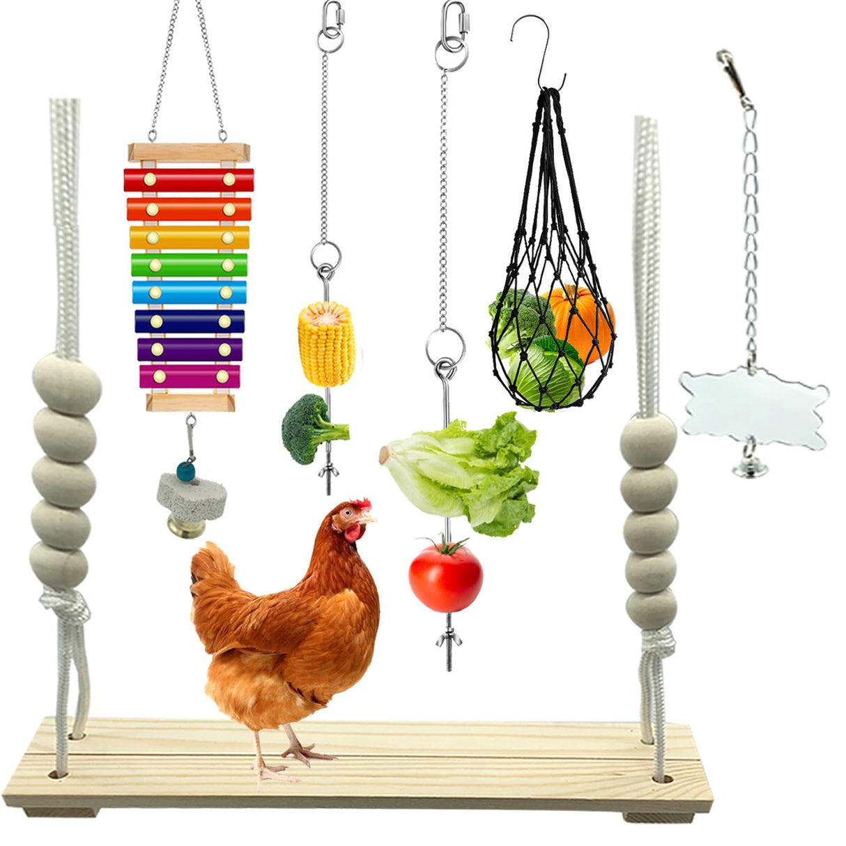 KIEYYRYT 6 Packs Chicken Toys for Coop Accessries, Chicken Swing Toys for Chicken Hens, Chicken Xylophone Toys and Mirror, Vegetable Hanging Feeder, Veggies Skewer KIEYYRYT