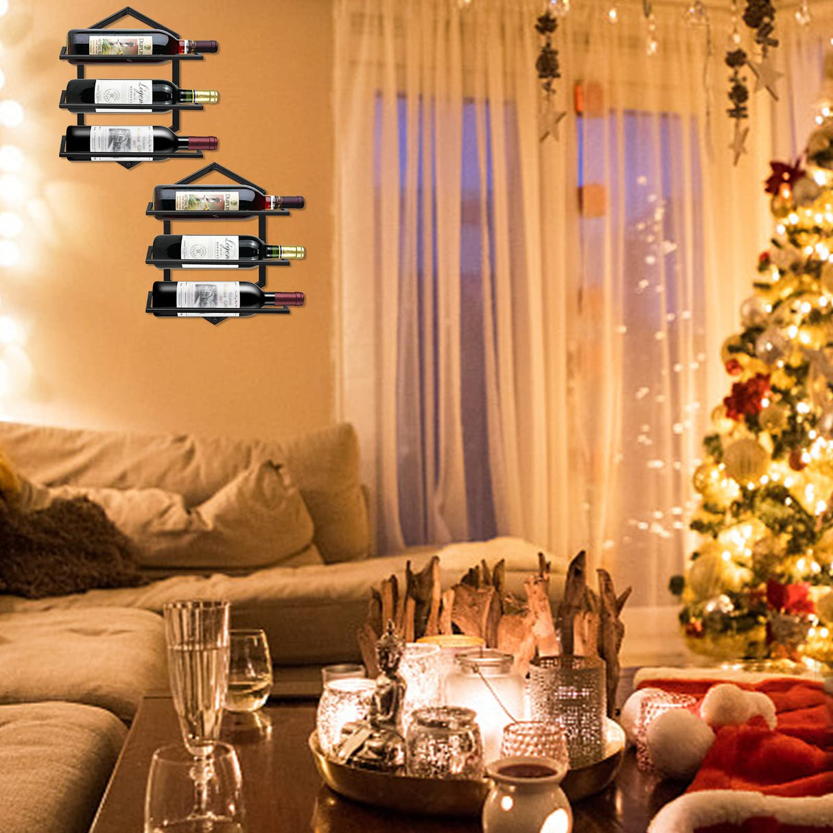 YALINKA 2Pcs Wall Mounted Wine Stemware Rack, Metal Hanging Wine Glass Display Holde Holds 3 Bottles, Elegant Storage for Kitchen Dining Room Bar Wine Cellar YALINKA