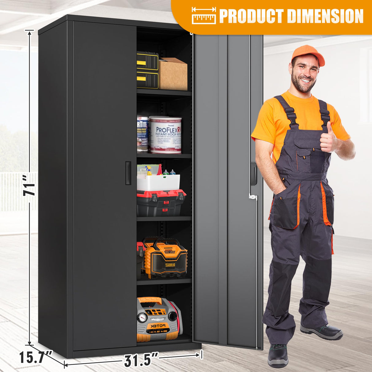 Metal Storage Cabinets, 71'' Tall Metal Garage Storage Cabinets with Lock,Sturdy Metal Cabinet Storage with 4 Adjustable Shelves and Doors, BLack Steel Cabinet for Garage,Offices,Basement,Storerooms Leariso