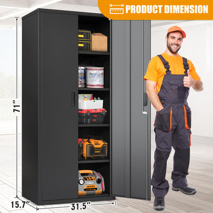 Metal Storage Cabinets, 71'' Tall Metal Garage Storage Cabinets with Lock,Sturdy Metal Cabinet Storage with 4 Adjustable Shelves and Doors, BLack Steel Cabinet for Garage,Offices,Basement,Storerooms