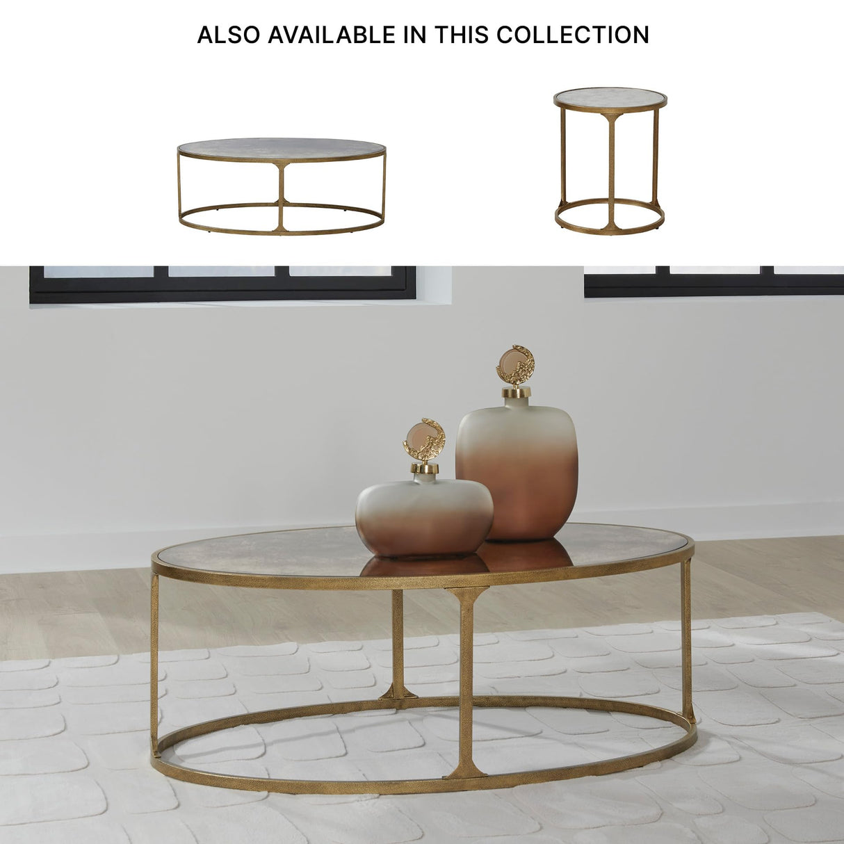 Signature Design by Ashley Korajane Oval Coffee Table with Tempered Glass Top, Faux Marble Finish, Steel Frame, 48" W x 27.38" D x 17.5" H, Antique Gold Signature Design by Ashley