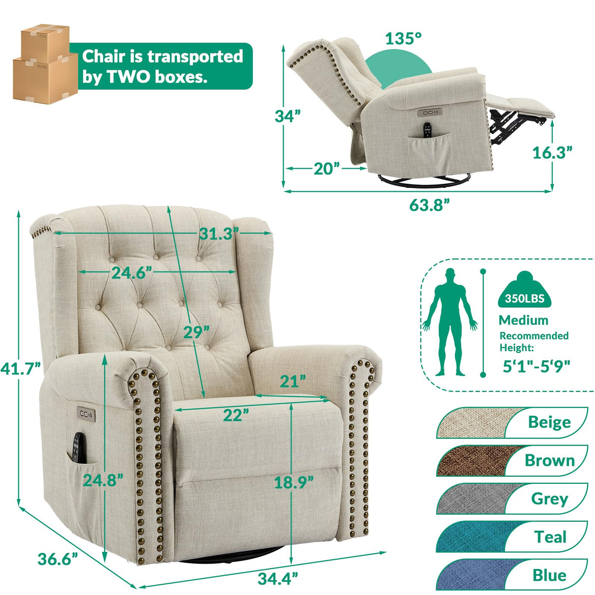 VIVIJASON Power Swivel Rocking Recliner Chair with Massage & Heat, Electric Rocker Nursery Glider Chair, Wingback Tufted Upholstered Recliner W/Type-C & USB Ports for Living Room, Bedroom, Beige VIVIJASON