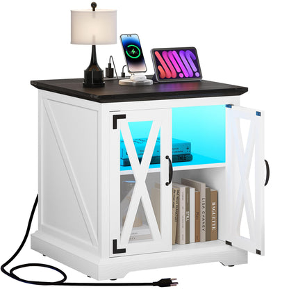 YITAHOME End Table, Farmhouse Sofa Side Coffee Table with Charging Station and LED Lights Bedside Table, Nightstand Storage for Living Room, Bedroom, Office, White - WoodArtSupply