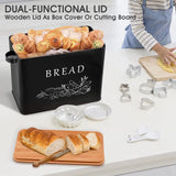 TeamFar Bread Box with Wooden Lid, 13.1” x 7.2” x 9.7” Metal Bread Container Storage Holder for Family Farmhouse Kitchen Countertop, Powder-Coated & Healthy, Large Capacity & Classic Pattern (Black) TeamFar