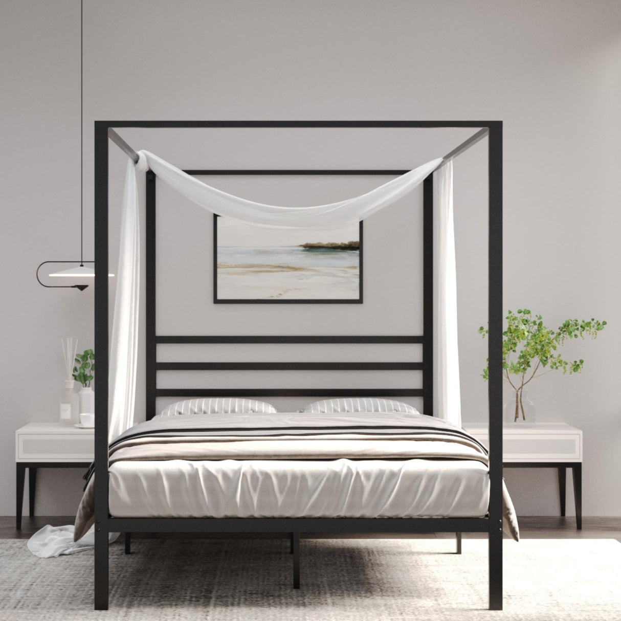 AMBEE21 Golden Gate Beds Canopy Metal Bed Frame with Headboard – Wrought Iron Platform Design, Sturdy Slatted Base, No Box Spring Needed, Underbed Storage Space – Full, Black AMBEE21