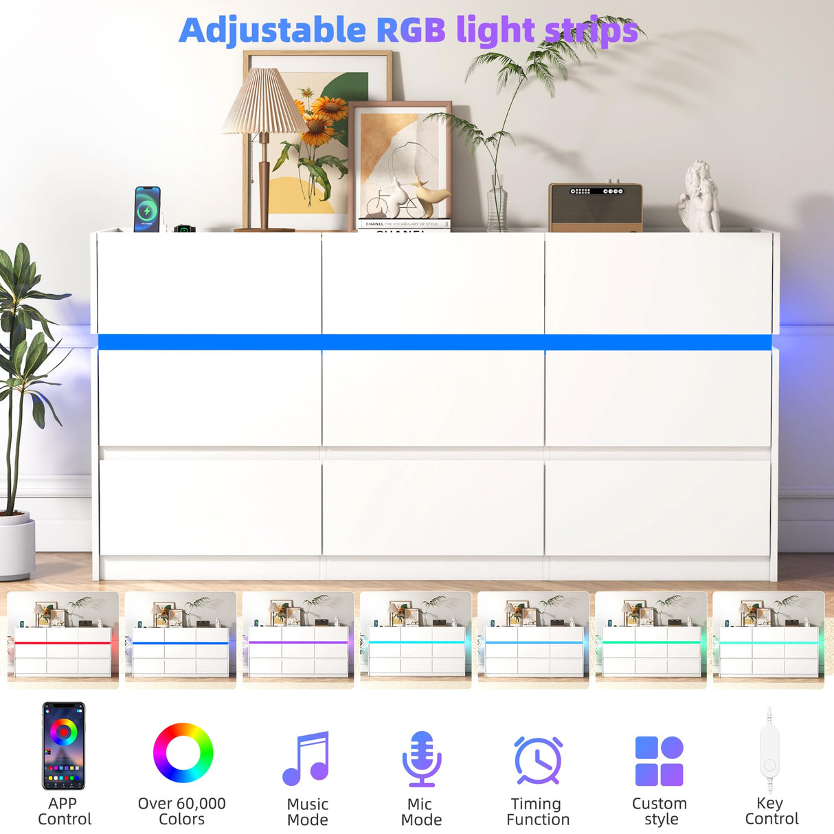 OTUTUMUS White Dresser of 9 Drawers - 61” Wide Chest of Drawer Organizer, Modern TV Stand Storage Cabinets with Large Wood Drawers for Bedroom, Living Room, Entryway, Hallway OTUTUMUS