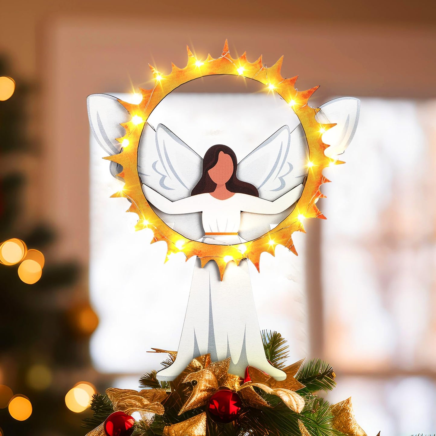 Beeveer 11.8 Inch Christmas Tree Topper Lighted Wooden Angel Tree Topper with LED Light Christmas Tree Decoration for Xmas Decor Ornaments Holiday Party Supplies