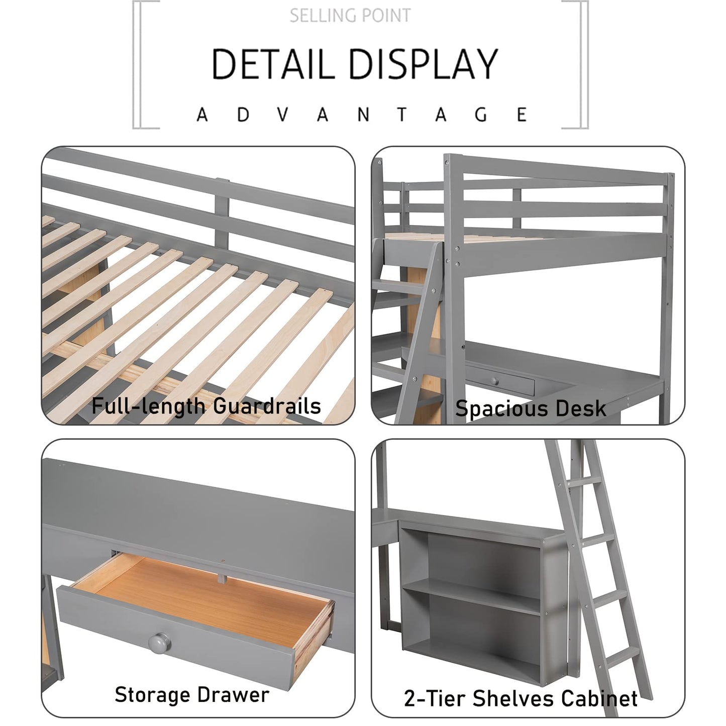 Harper & Bright Designs Twin Loft Bed with Desk, Shelves, and Storage in Grey - WoodArtSupply