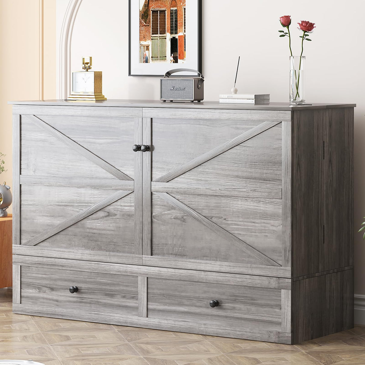 Mjkone Murphy Bed Full Size Cabinet with Tri-Fold Memory Foam Mattress, USB Charging Station, Farmhouse Wood Space-Saving Hidden Folding Chest Cabinet Bed for Guest Room Apartment, Gray Mjkone