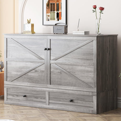 Mjkone Murphy Bed Full Size Cabinet with Tri-Fold Memory Foam Mattress, USB Charging Station, Farmhouse Wood Space-Saving Hidden Folding Chest Cabinet Bed for Guest Room Apartment, Gray Mjkone