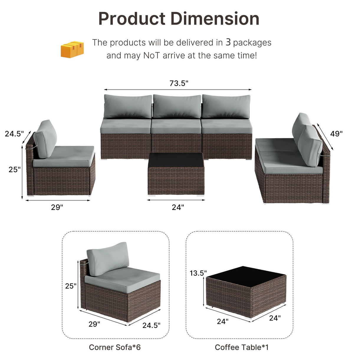 7 Piece Patio Furniture Set, Outdoor Wicker Patio Sofa Set, PE Rattan Sectional Couch with Glass Table and Grey Cushions, All-Weather 7 Piece Outdoor Patio Furniture Sets, Brown Tradare