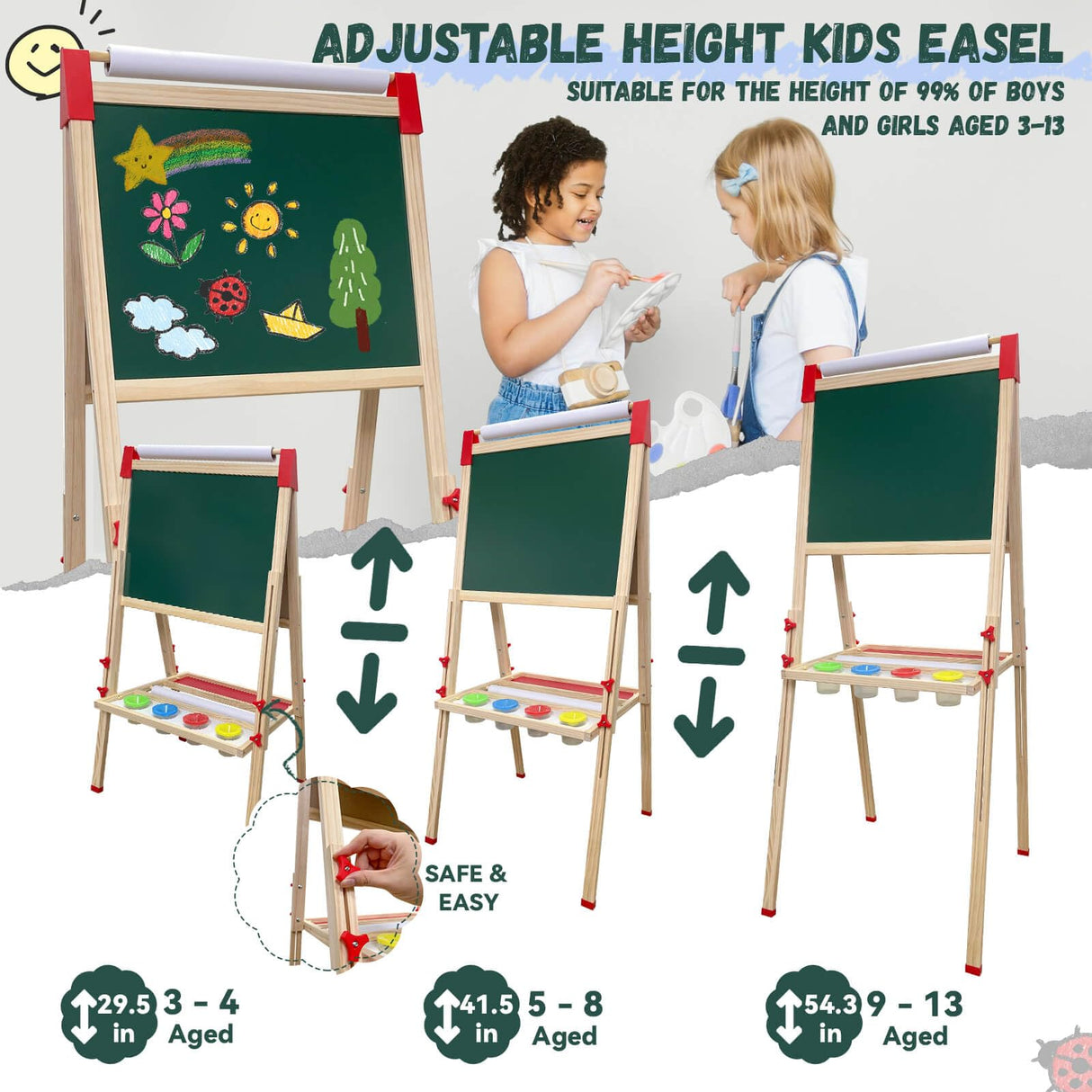 Easel for Kids,Adjustable Wooden Art Easel for Kids,114+ Art Supplies,Double Sided Magnetic Chalkboard and White Board for Kid,Drawing and Painting for Aged 2-4,5-7,8-12,2 Paper Rolls SUNFATT