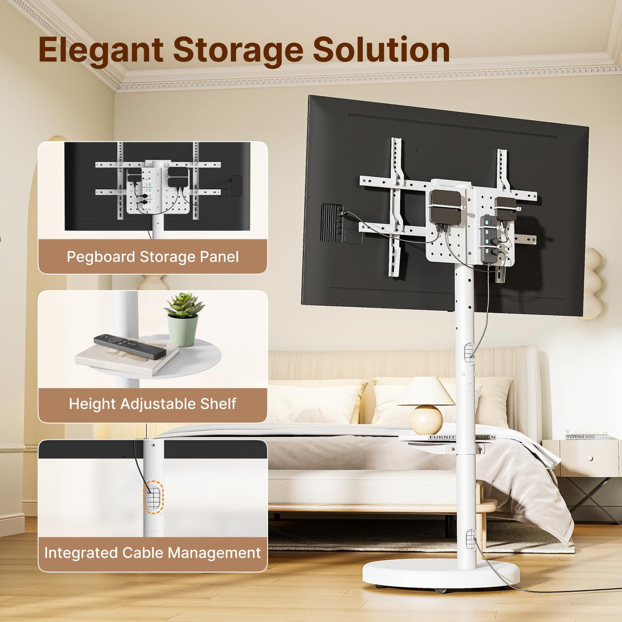 ECOTINY Height Adjustable Rolling TV Stand for 37-86 Inch TV up to 110 Pounds, Portrait to Landscape, Heavy Duty Mobile TV Cart with Shelf Max VESA 600x400mm (White) ECOTINY