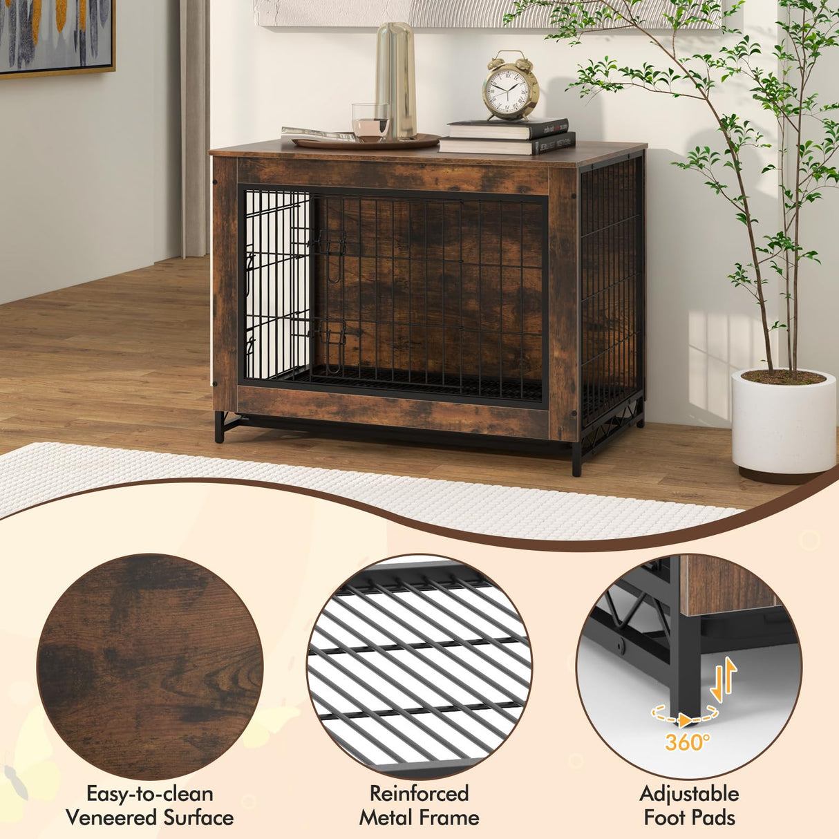 Giantex Dog Crate Furniture - 32.5" L Dog Kennel Side Table with Double Doors & Removable Pull-Out Tray, Left or Right Side Door, Modern Dog Cage Pet House End Table for Medium Dogs, Rustic Brown Giantex