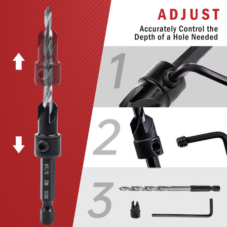AIMLENTOOL Countersink Drill Bit Set, 5PCS Tapered Drill Bits, M2 Countersink Set with 1/4" Hex Shank Quick Change and 1 Allen Wrench for Woodworking, Pilot Screw Hole Set for Soft & Hard Wood AIMLENTOOL