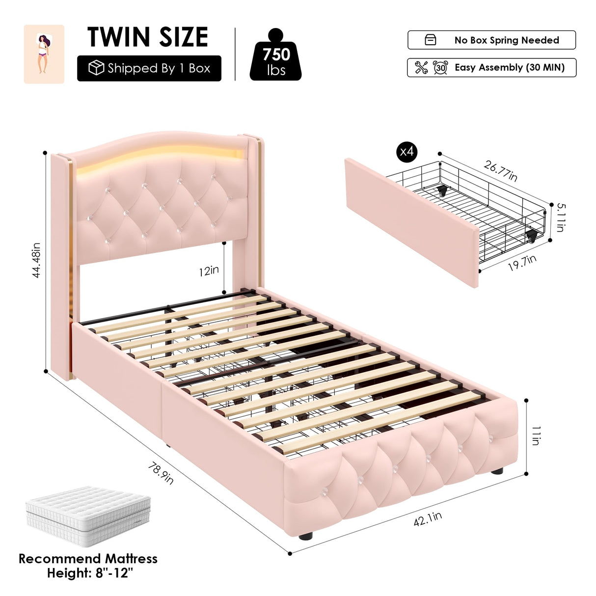 HIFIT Upholstered Twin LED Bed Frame with Crystal Button-Tufted Headboard and 4 Storage Drawers, Velvet Princess Twin Size Platform Bed Frames for Kids/Girls, No Box Spring Needed, Easy Assembly, Pink HIFIT