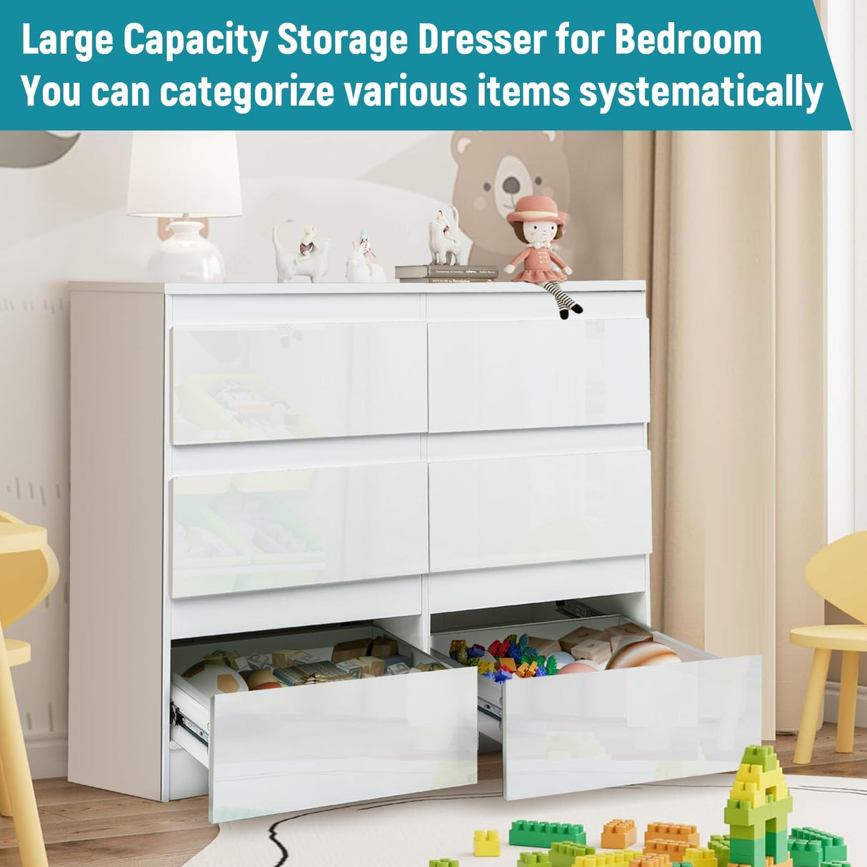 YORKING 6 Drawer Dresser for Bedroom,White Dresser,Wood Dresser,Dresser Set for Bedroom,Dressers and chests of Drawers Large Storage Cabinet,15.7" D x 47.2" W x 32.5" YORKING