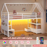 ADORNEVE Low Loft Bed Twin Size with 5 Storage Drawers, Twin Loft Bed with Bookcase & LED Lights, Open Storage Shelves, Metal House Bed with Safety Guardrail & Under-Bed Play Space for Kids, White ADORNEVE