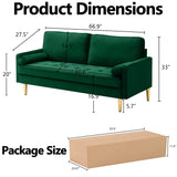 HRVEOCEI 65 Inch Green Velvet Couch, Small Loveseat Sofa & Office Sofa for Small Space, Couch for Bedroom Livingroom, 2 Pillows, Gold Legs, Tufted Seat (Green) HRVEOCEI