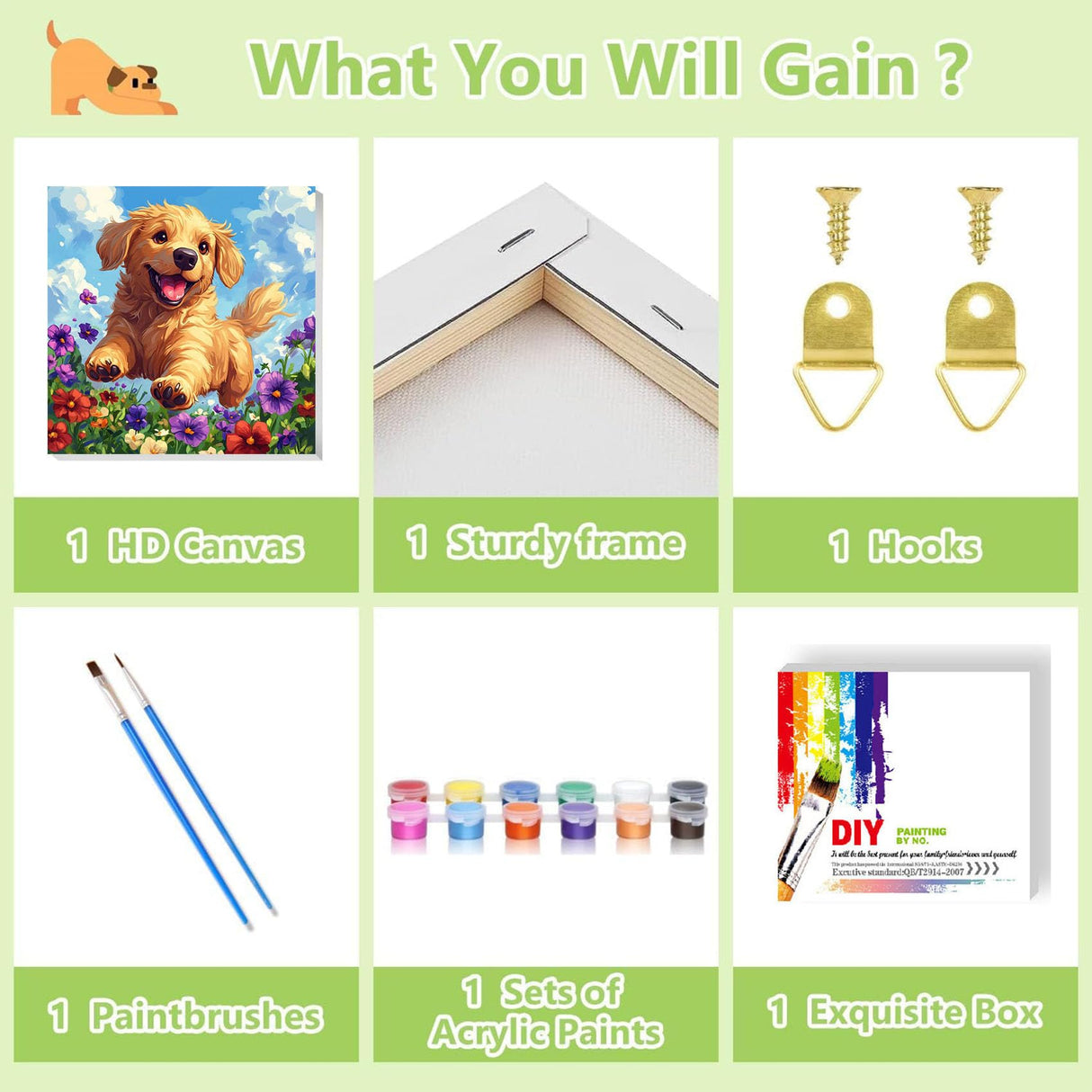 Dog Paint by Numbers Kit for Kids with Frame - Cute Dog Paint by Number for Kids, Kid Painting by Number Kits Age 8-12 for Home Wall Decor 8X8inch (with Wooden Easel) ajepon