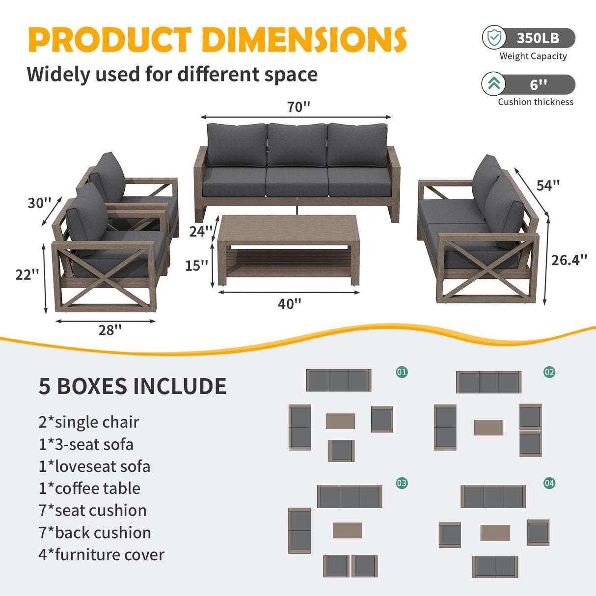 Amopatio Aluminum Patio Furniture Set, 8 Pieces Modern Metal Outdoor Furniture, Faux Wood Grain Finish Frame Patio Sofa Sets with 6" Cushion for Backyard, Dark Grey (Included Waterproof Covers) Amopatio