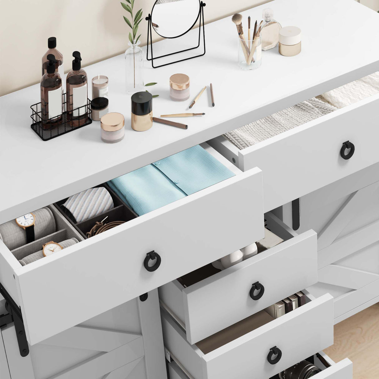 YITAHOME 54" Farmhouse Dresser for Bedroom, Large Modern Chest of Drawers, Wood Rustic Dresser TV Stand with 5 Drawers & 2 Sliding Barn Doors for Living Dining Room, Entryway, Hallway YITAHOME