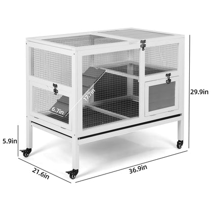 VOWNER 37” Rabbit Hutch Indoor, Wooden Bunny Cage with Casters, Wire Floor, No Leakage Pull Out Tray, High Bunny House for Rabbit, Guinea Pig, Hamster and Small Animals, White/Grey - WoodArtSupply