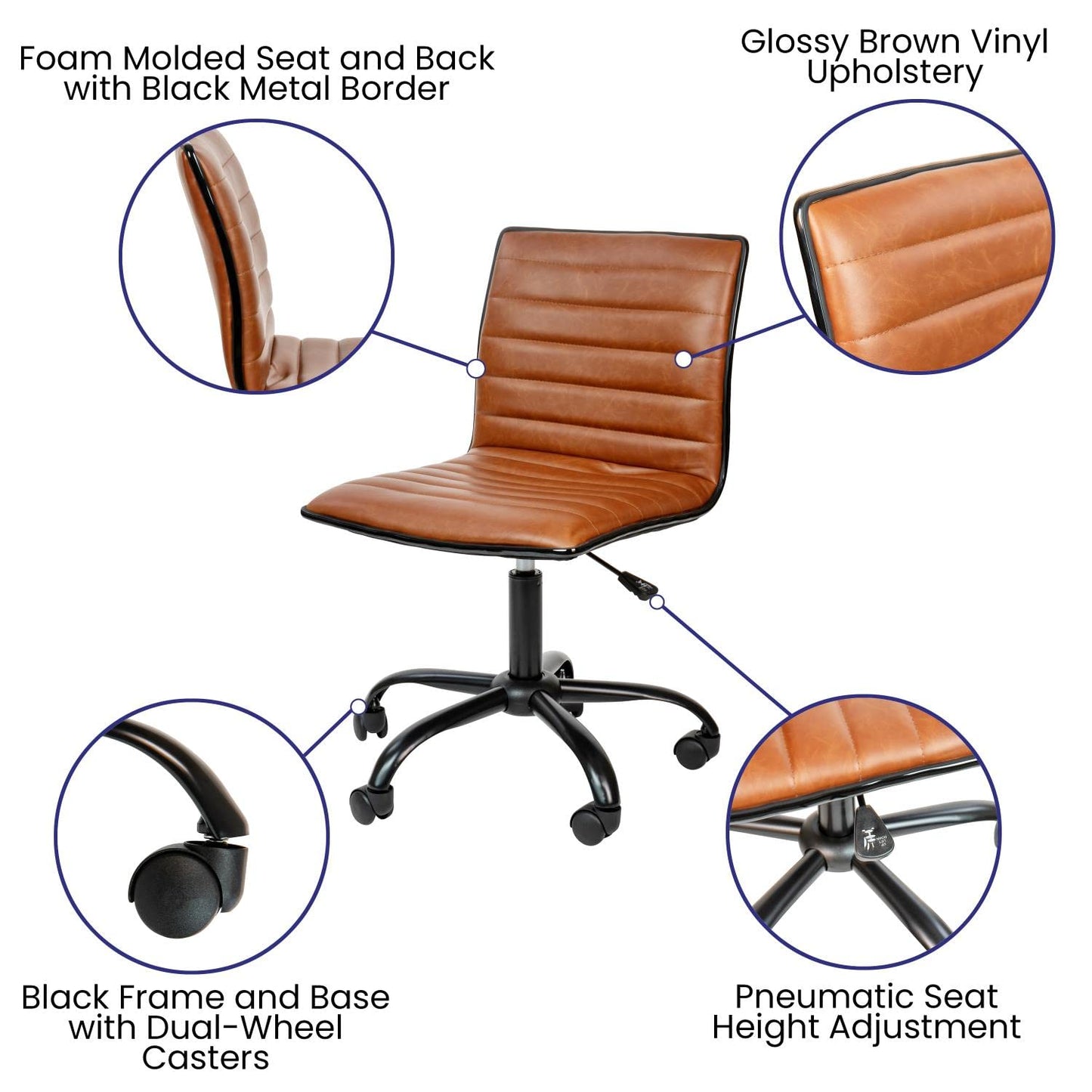 Flash Furniture Alan Low-Back Ribbed Upholstered Vinyl Swivel Desk Chair with Padded Seat, Modern Adjustable Height Padded Office Chair, Brown