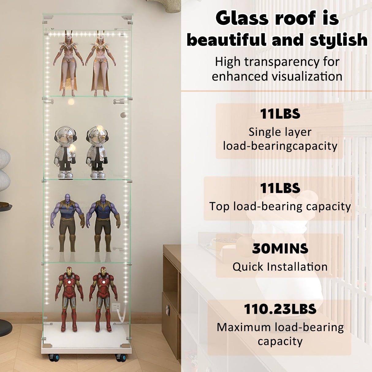 Buzleer Glass Display Cabinet with Lock LED Lighting 4-Tier 1-Door Full Vision Showcase Curio Cabinets Tempered Glass Display Case with Wheels for Living Room Bedroom Office, 65"*15.7"*13.6",White Buzleer