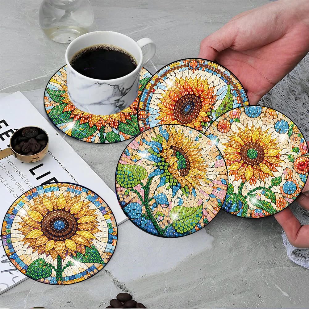ijbnhd 8 PCS Sunflower Diamond Painting Coasters Sunflower Diamond Art Coasters with Holder DIY for Adults, 5D Diamond Crafts Supplies (Cork Wooden Pad) ijbnhd