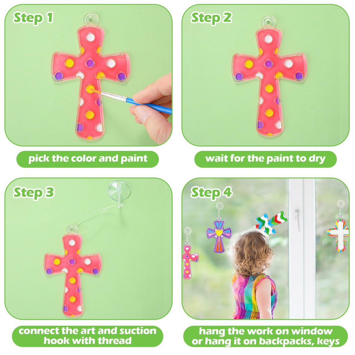 Poen 28 Sets Religious Cross Suncatchers Craft Kits for Kids DIY Christian Window Paint Art Kit Sunday School Sun Catcher Ornaments Decor for Kids Classroom Vbs Activities Party Favors Poen