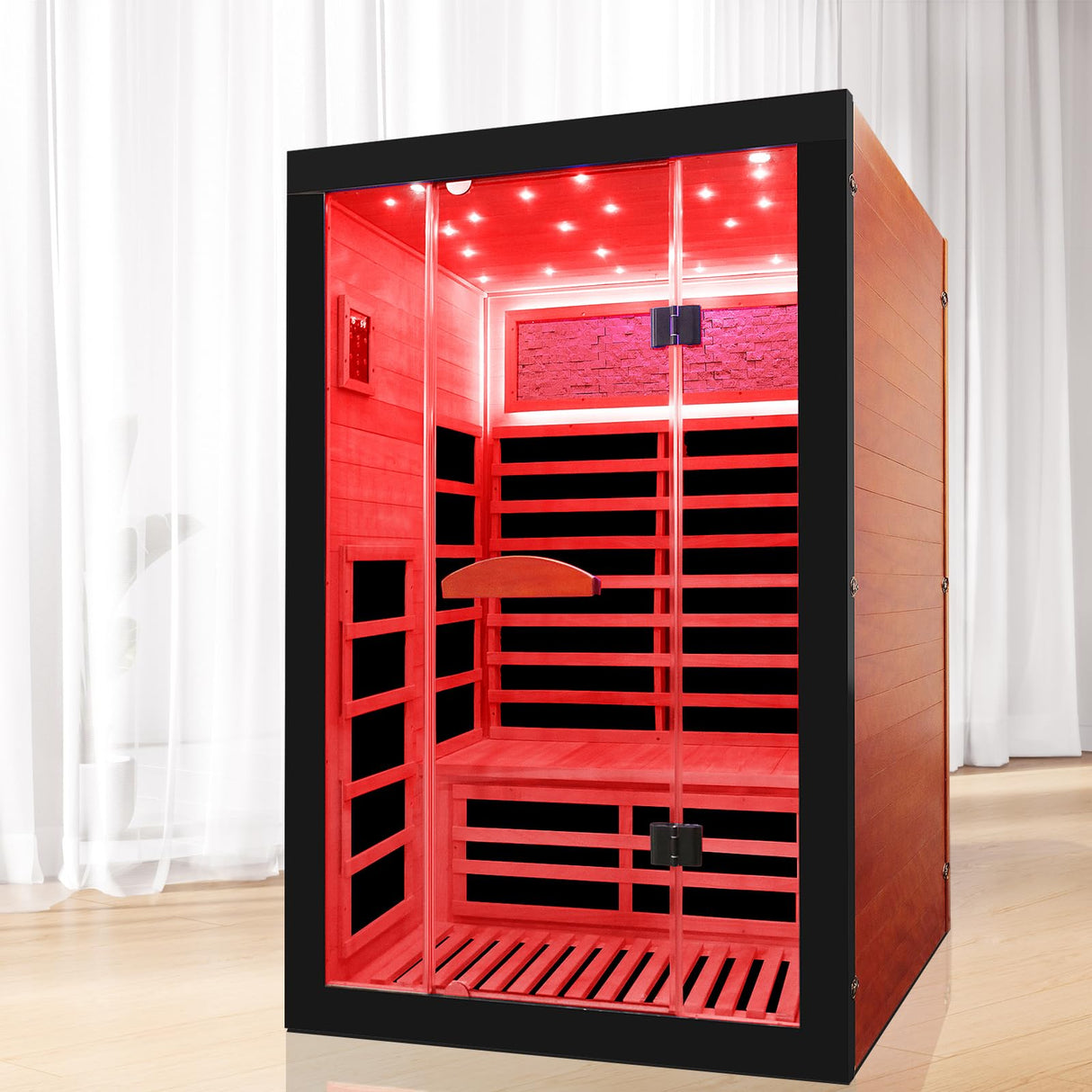 OUTEXER Infrared Sauna 2000W Wooden Saunas Home Spa Room Canadian Hemlock Wood Low-EMF Indoor Saunas with with 7 Color Starry Sky Ceiling Light for Two Person 74.8 * 47.2 * 41.3Inch OUTEXER