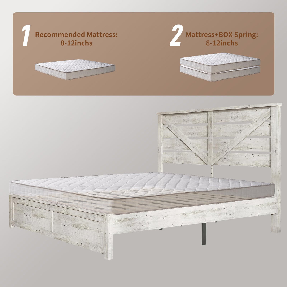 LUXOAK King Size Farmhouse Wooden Bed Frame, Platform Bed Frame with 49.2" Headboard/Noisy Free/No Box Spring Needed/Easy Assembly/Distressed White LUXOAK