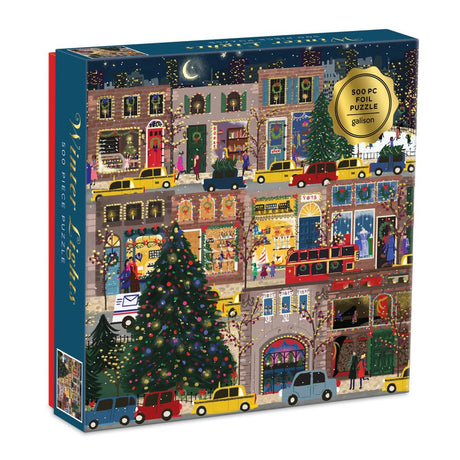 Galison Winter Lights Foil Puzzle 500 Pieces – Holiday Jigsaw Puzzle Featuring Festive City Scene by Joy Laforme – Thick, Sturdy Pieces Challenging Family Activity Great Gift Idea Galison