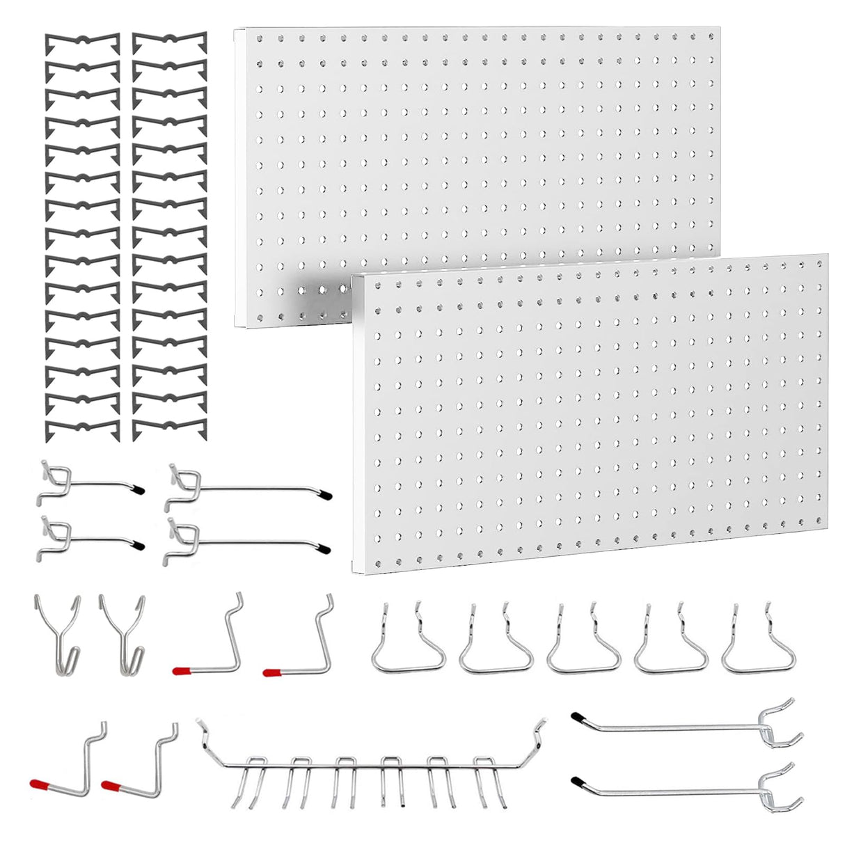 Tbantera 2 PCS Metal Pegboard Wall Storage Shelves 24x12 Inches with 50 PCS Pegboard System for Garage Organization Black Pegboard Hooks for Efficient Tool Storage and Workbench Organization（White） Tbantera