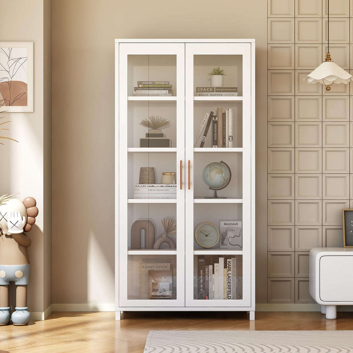 Display Cabinet with Glass Doors, 5-Tier Curio Cabinet with 4 Adjustable Shelves for Collectibles Toy Organizers Rack & Display Shelf, Kids Bookcase for Bedroom, Reading Nook, Living Room (White) YGWBGA