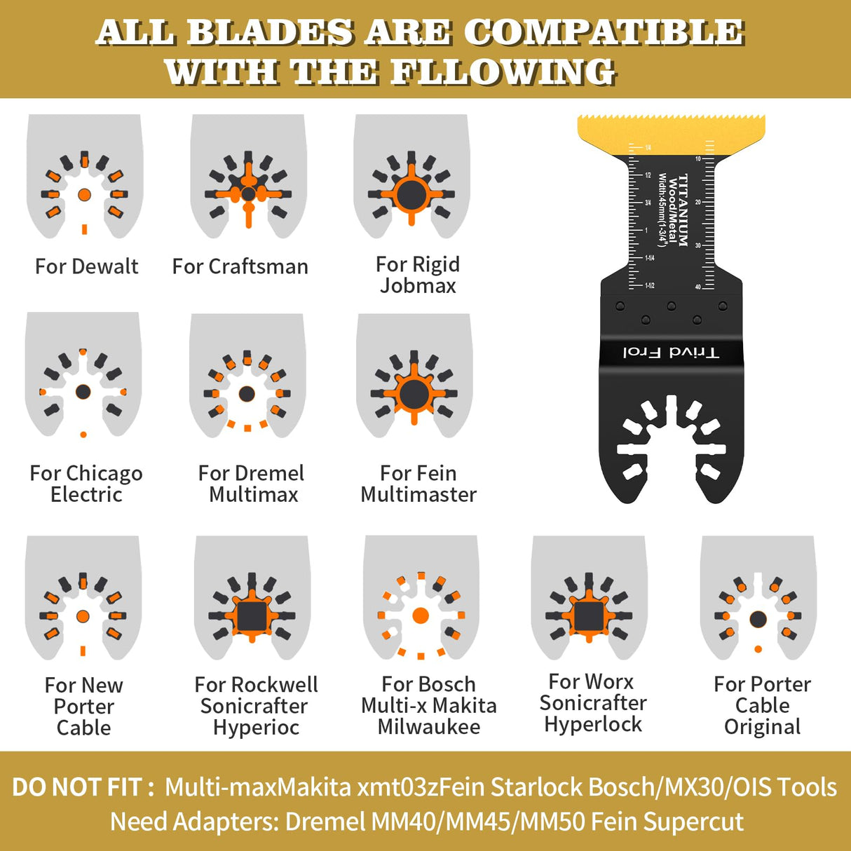 Trivd Frol 15PCS Titanium Oscillating Saw Blades Metal Cutting, Universal Multitool Blades for Metal Nails Hard Material and Wood Plastic, Multi Tool Blades Kits Fit Dewalt Bosch Milwaukee Ryobi Trivd Frol