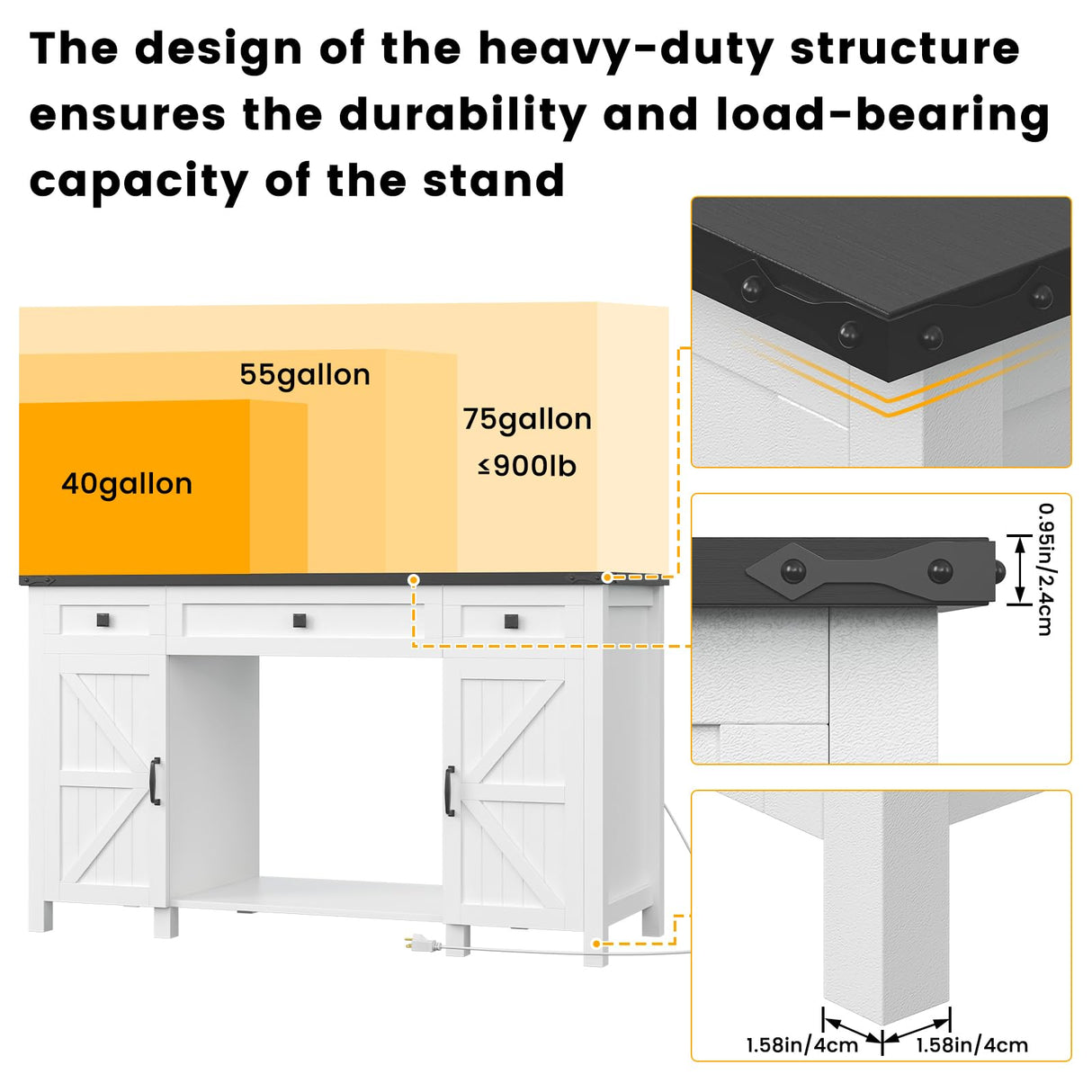 Saudism 55-75 Gallon Aquarium Stand With Charging Station, Farmhouse Fish Tank Stand, Reptile Tank Stand Terrarium Stand with Drawer and Cabinet Storage, Sturdy Heavy Duty 53.5"×19.7" Tabletop - White Saudism