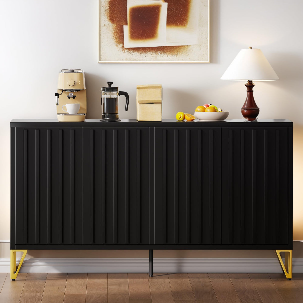 YITAHOME 55" Sideboard Buffet, Modern Buffet Cabinet Storage Cabinet with Doors, Metal Accent Console Credenzat with Adjustable Shelves for Hallway, Entryway, Kitchen or Living Room, Black YITAHOME