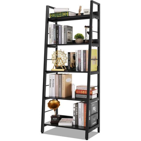 Himimi Black Ladder Bookshelf, 5 Shelf Bookcase Industrial Bookshelf Wood and Metal Bookshelves, Plant Flower Stand Rack Book Storage Shelves for Living Room, Bedroom, Home Office Himimi