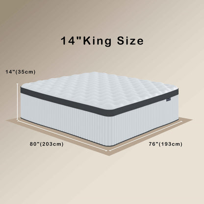 Tegeniss King Mattress, 14 Inch Innerspring Hybrid Mattress in a Box with Gel Memory Foam, Individually Wrapped Encased Coil Pocket Spring Mattress, Pressure Relief, Medium Firm Support,76"*80"*14"