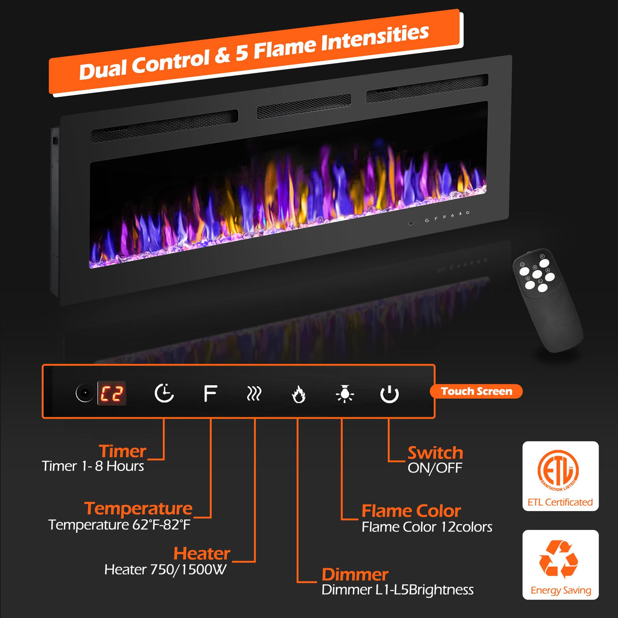 BETELNUT 50" Electric Fireplace Wall Mounted and Recessed with Remote Control, 750/1500W Ultra-Thin Wall Fireplace Heater W/Timer Adjustable Flame Color and Brightness, Log Set & Crystal Options BETELNUT