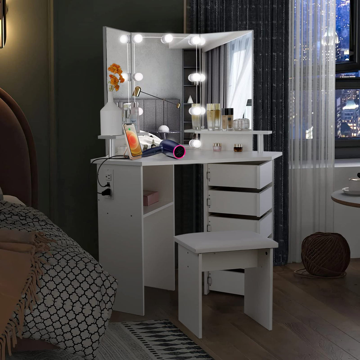 VOWNER Vanity with Lights - Makeup Vanity Desk with Power Outlet, 3 Color Lighting Options Brightness Adjustable, Vanity Table with 5 Rotating Drawers, Shelves and Stool for Bedroom, White VOWNER