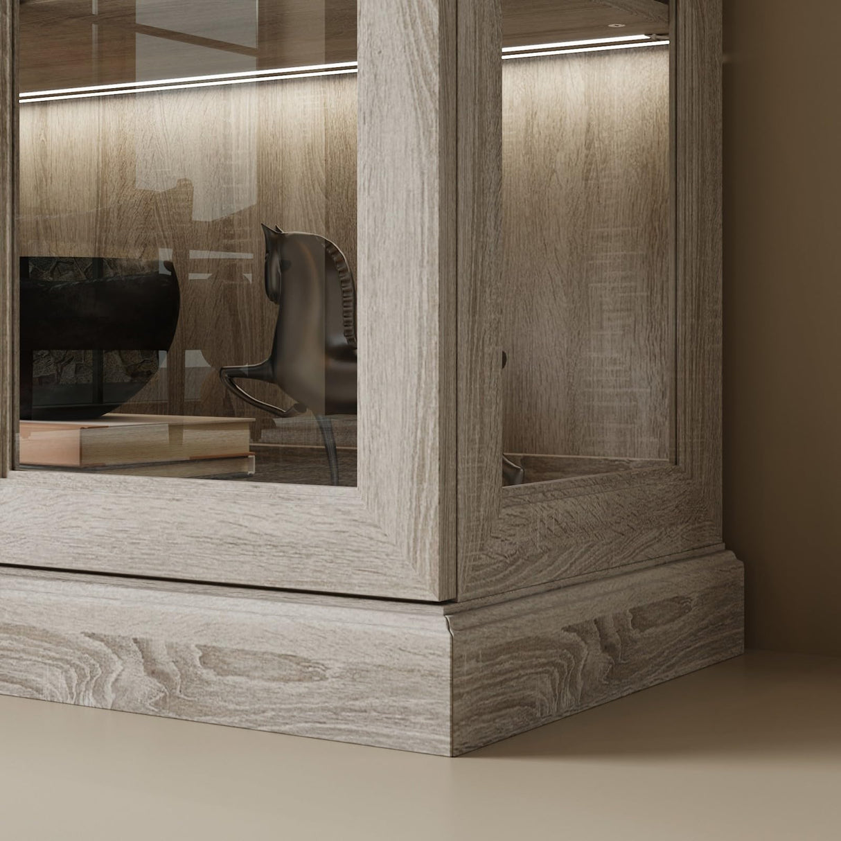 TAMUNE Display Cabinet with Lights, Bookcase Display Case Cabinet with 4 Glass Doors and 4-Tier Shelves, for Collectible, Grey Wood Grain 18.7" D x 68.5" W x 69.1" H TAMUNE