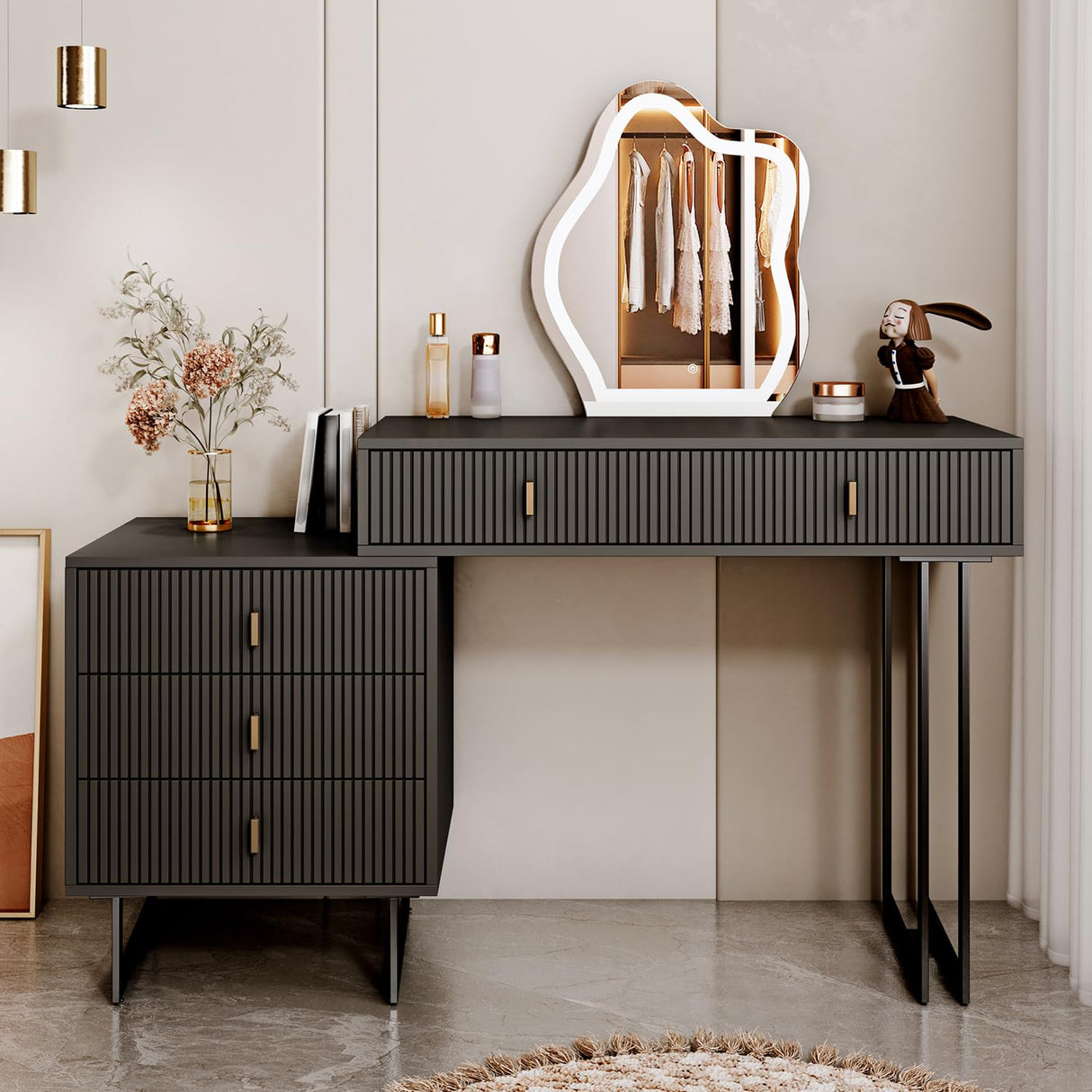 Ieejdn Black Vanity Desk with Mirror and Lights,Small Makeup Vanity with 5 Drawers，Modern Makeup Table with Adjustable Cabinet for Bedroom,Makeup Room Ieejdn