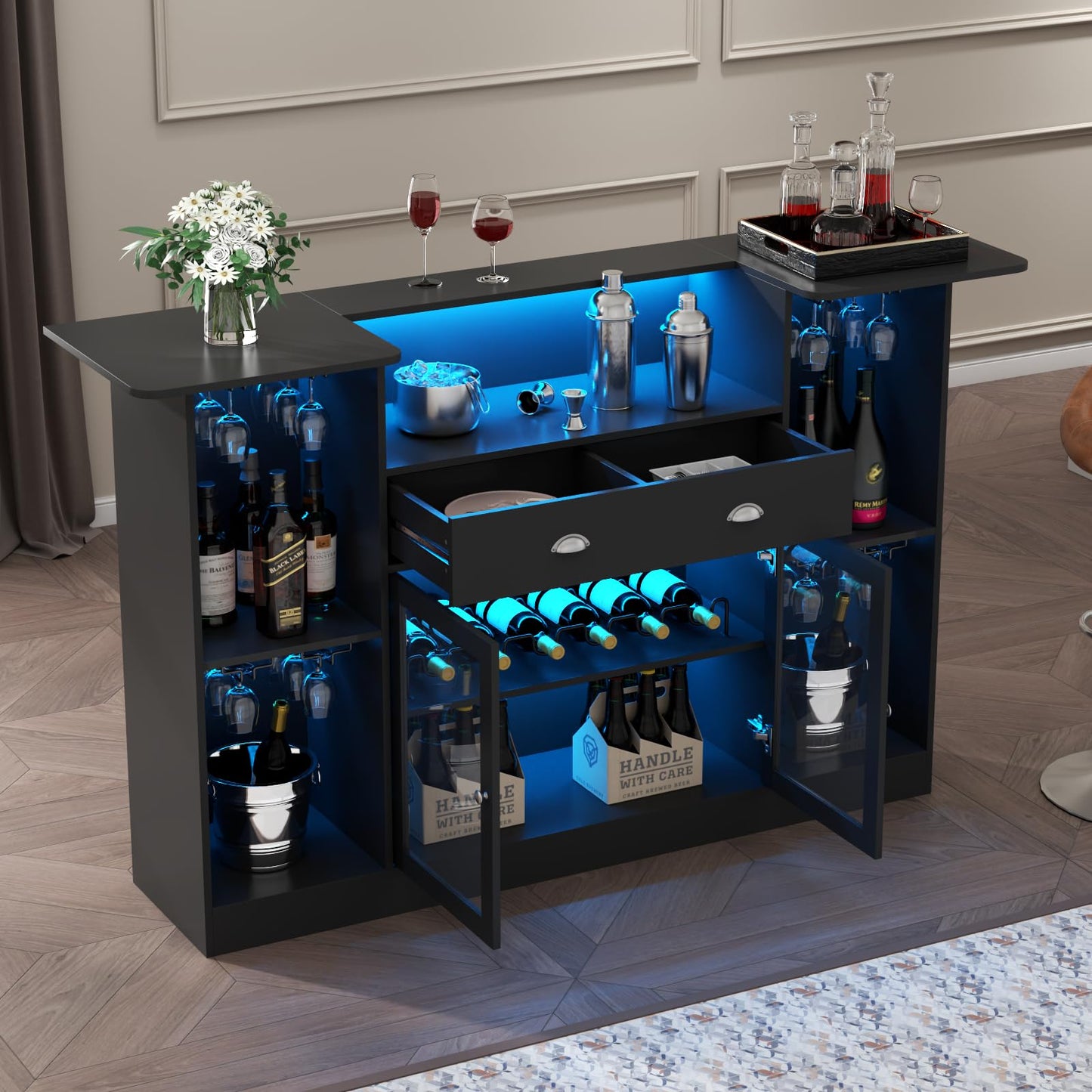 Loomie Crescent-Shaped LED Bar Cabinet with Drawer & Adjustable Wine Rack - WoodArtSupply